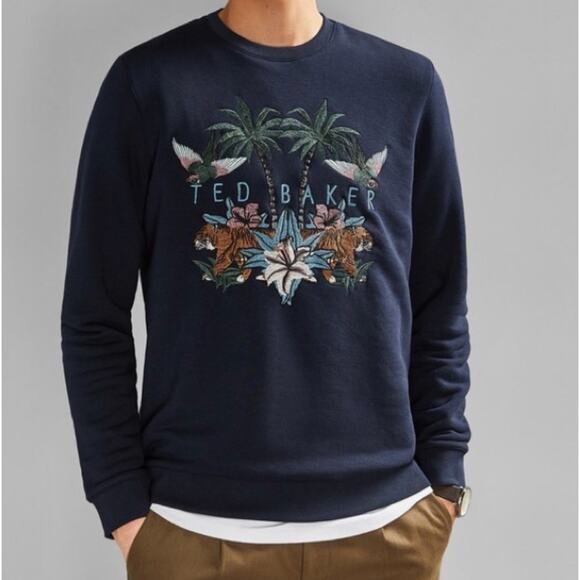 TED BAKER Beniy Embroidered Tropical Tiger Sweatshirt Navy Blue {3C5}